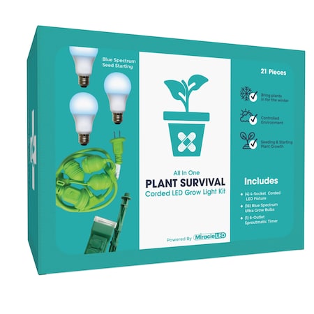 Miracle Led 4-Socket Plant Survival Grow Light Kit- Blue Spec. 12W Replace 150W Grow Bulbs w/ Timer, 4PK 802349